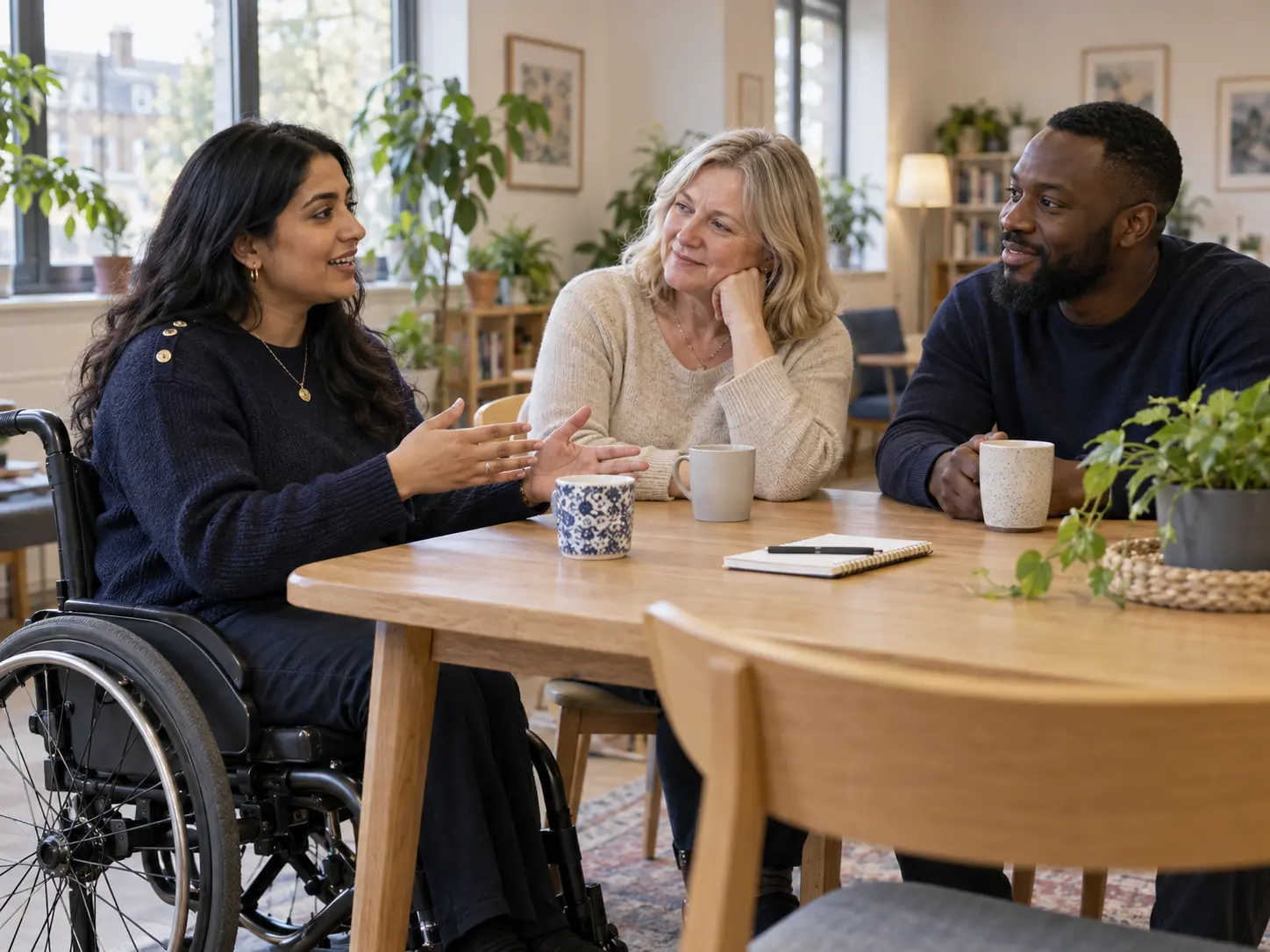 Illustration of a wheelchair user, a family member and a volunteer talking together at a table.