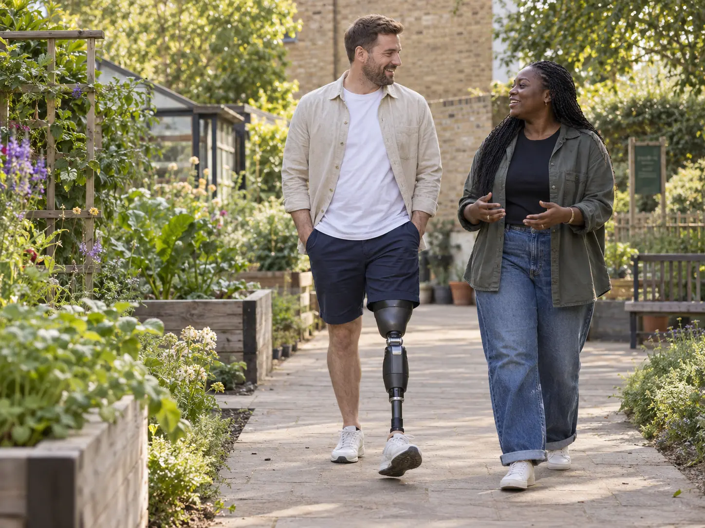 Illustration of a man using a modern prosthetic leg, walking and talking with a companion in a garden.