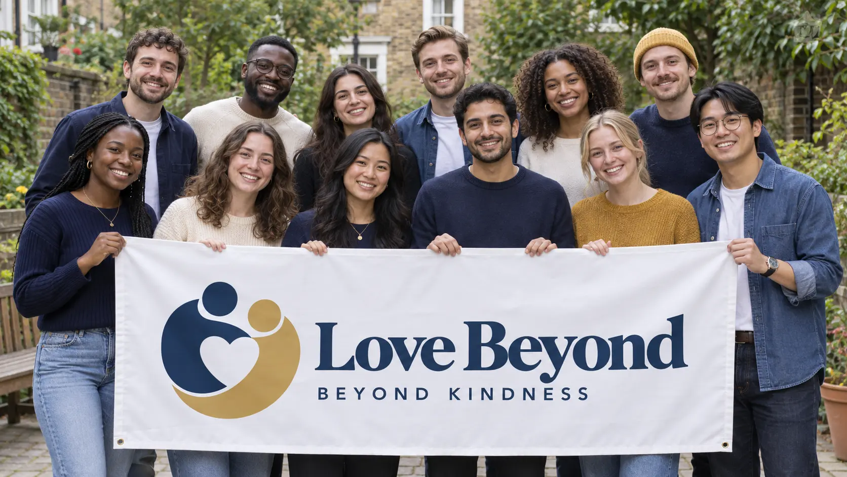 Illustration of twelve adult volunteers standing behind a Love Beyond — Beyond Kindness banner.